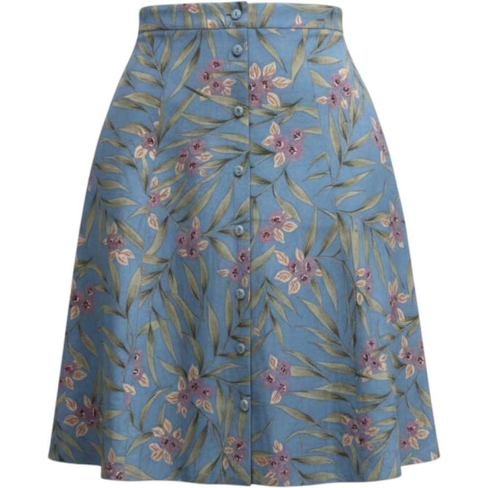 Vintage Sag Harbor Petite Midi Skirt Large Blue Floral Button Front Rayon A-LIne